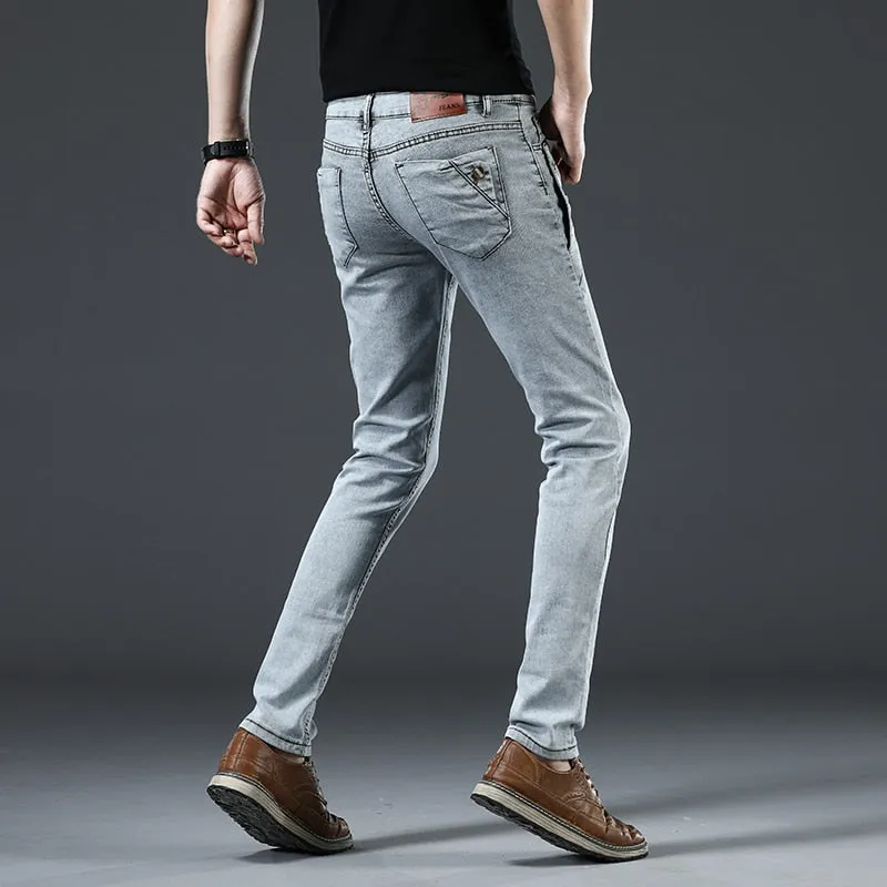 Men's Cotton Solid Pattern Mid Waist Fashion Button Pocket Slim Fit Jeans