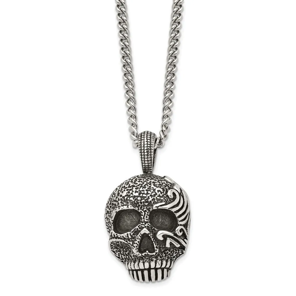 Men's Stainless Steel Large Antiqued Skull Necklace, 24 Inch