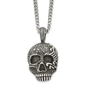 Men's Stainless Steel Large Antiqued Skull Necklace, 24 Inch