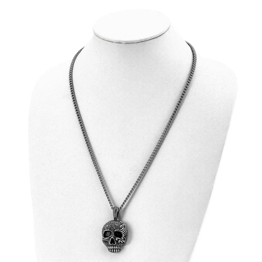 Men's Stainless Steel Large Antiqued Skull Necklace, 24 Inch