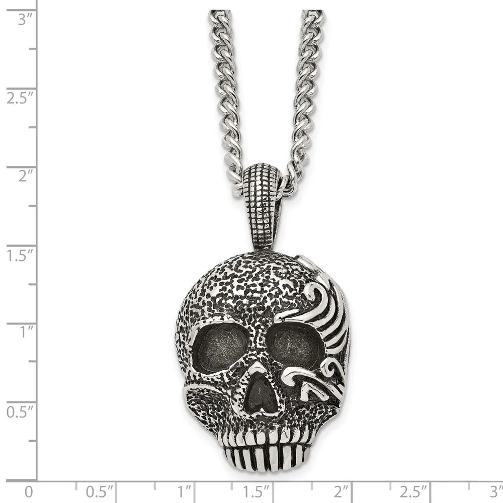 Men's Stainless Steel Large Antiqued Skull Necklace, 24 Inch