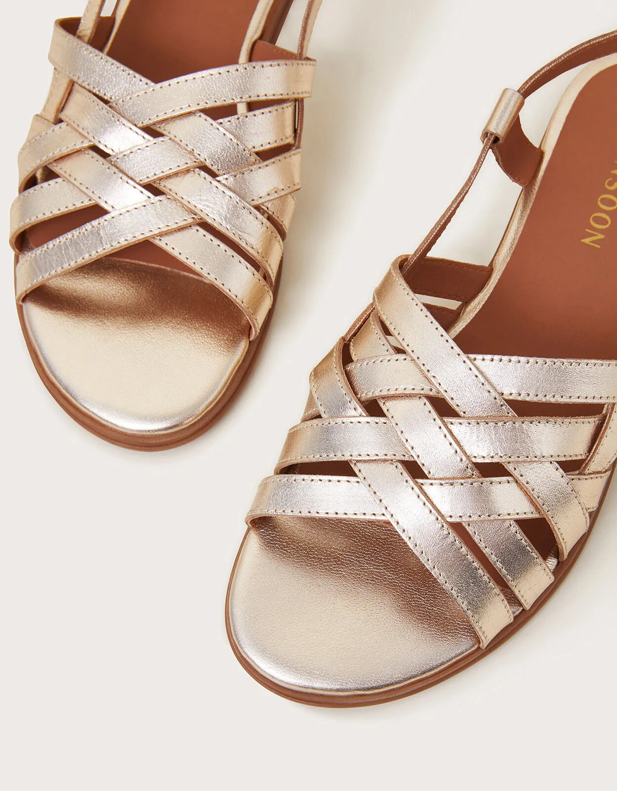 Metallic Leather Cross Weave Sandals Gold