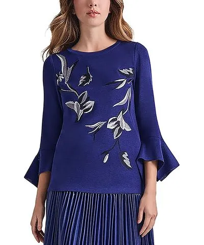 Misook Embroidered Floral Knit Blouse