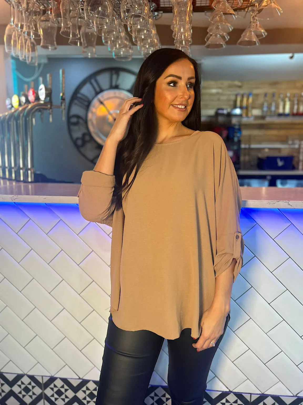 Mocha Crepe Scoop Neck Blouse Jan