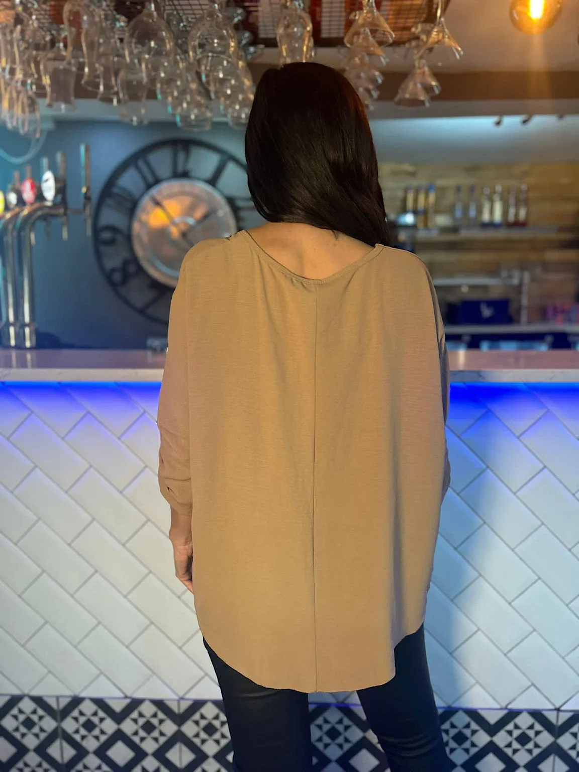 Mocha Crepe Scoop Neck Blouse Jan