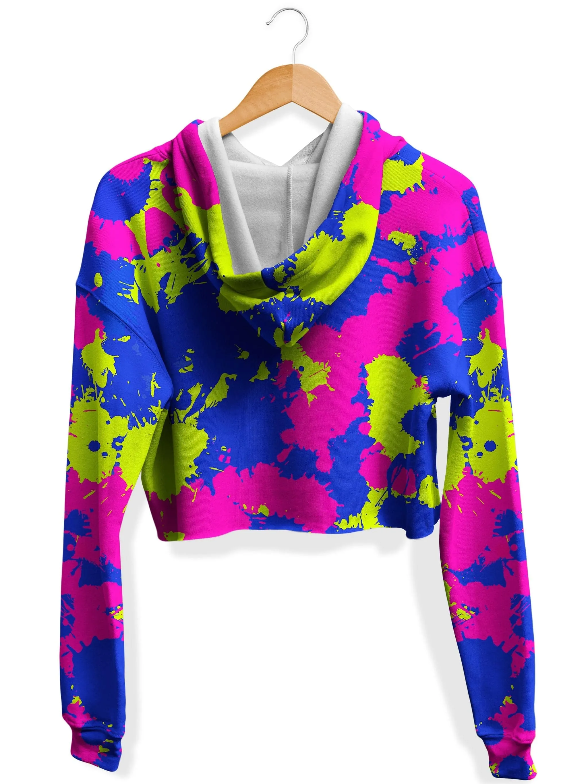 Neon Pink Purple Paint Splatter Fleece Crop Hoodie