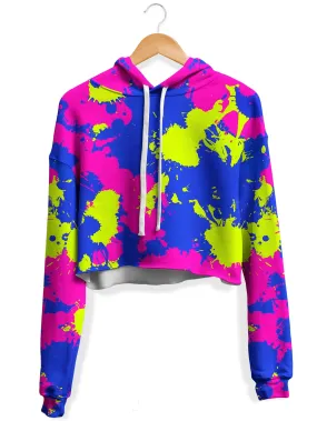 Neon Pink Purple Paint Splatter Fleece Crop Hoodie