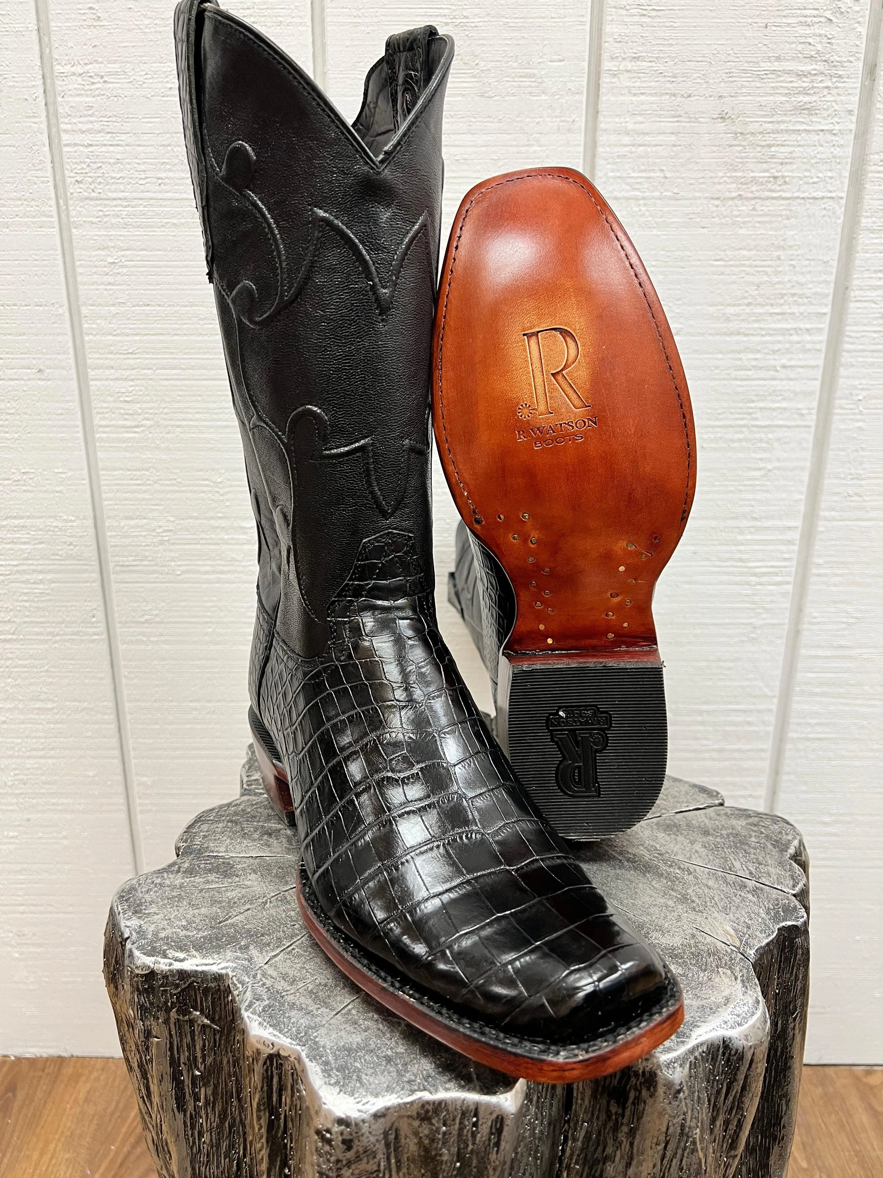 R. Watson Men's Black Nile Crocodile Square Toe Cowboy Boots RW9000-1