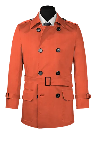 Red belted trench coat with epaulettes