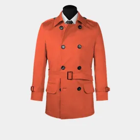 Red belted trench coat with epaulettes