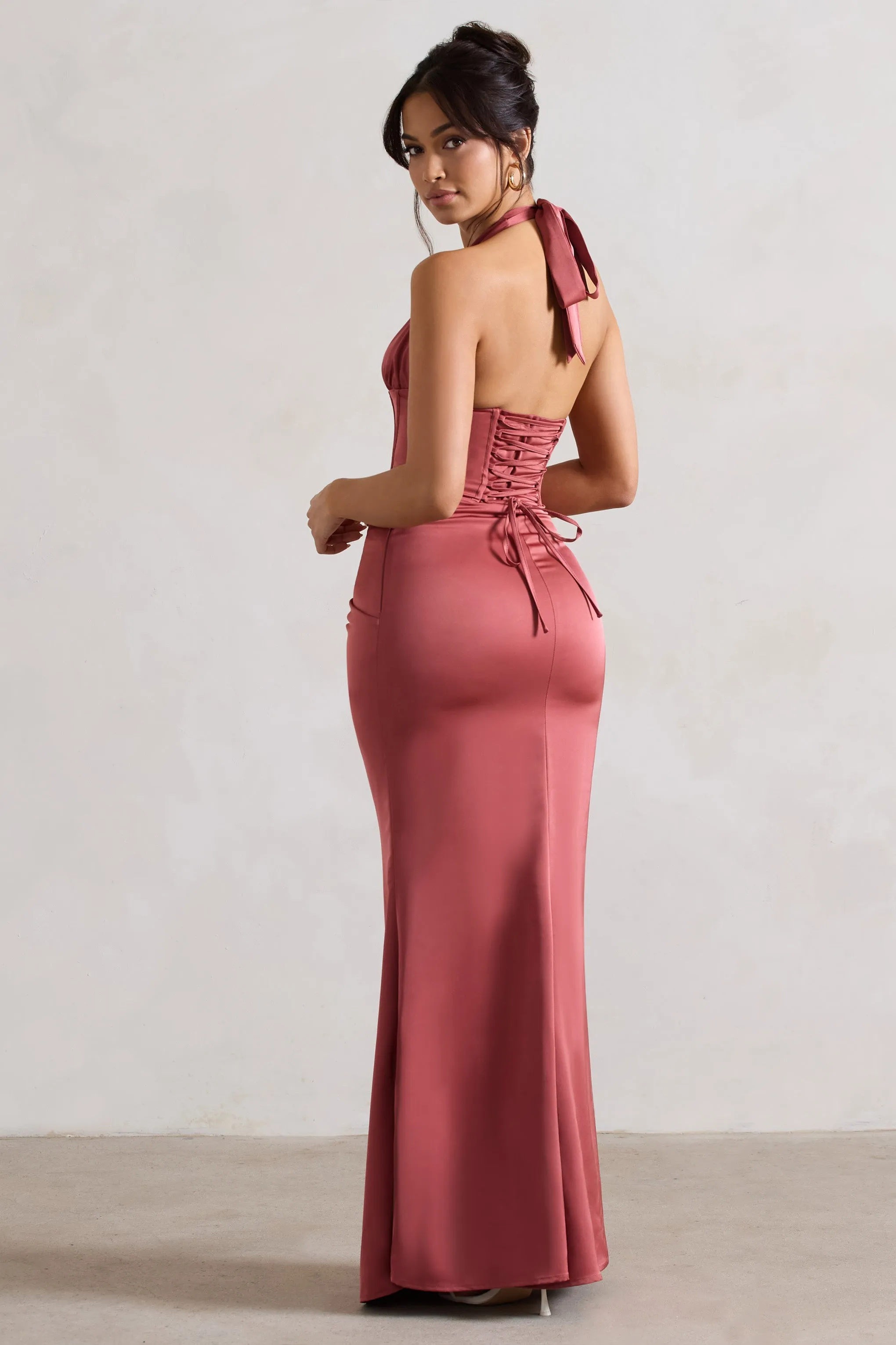 Sacha | Rose Pink Satin Corset Style Maxi Dress With Wrap Skirt