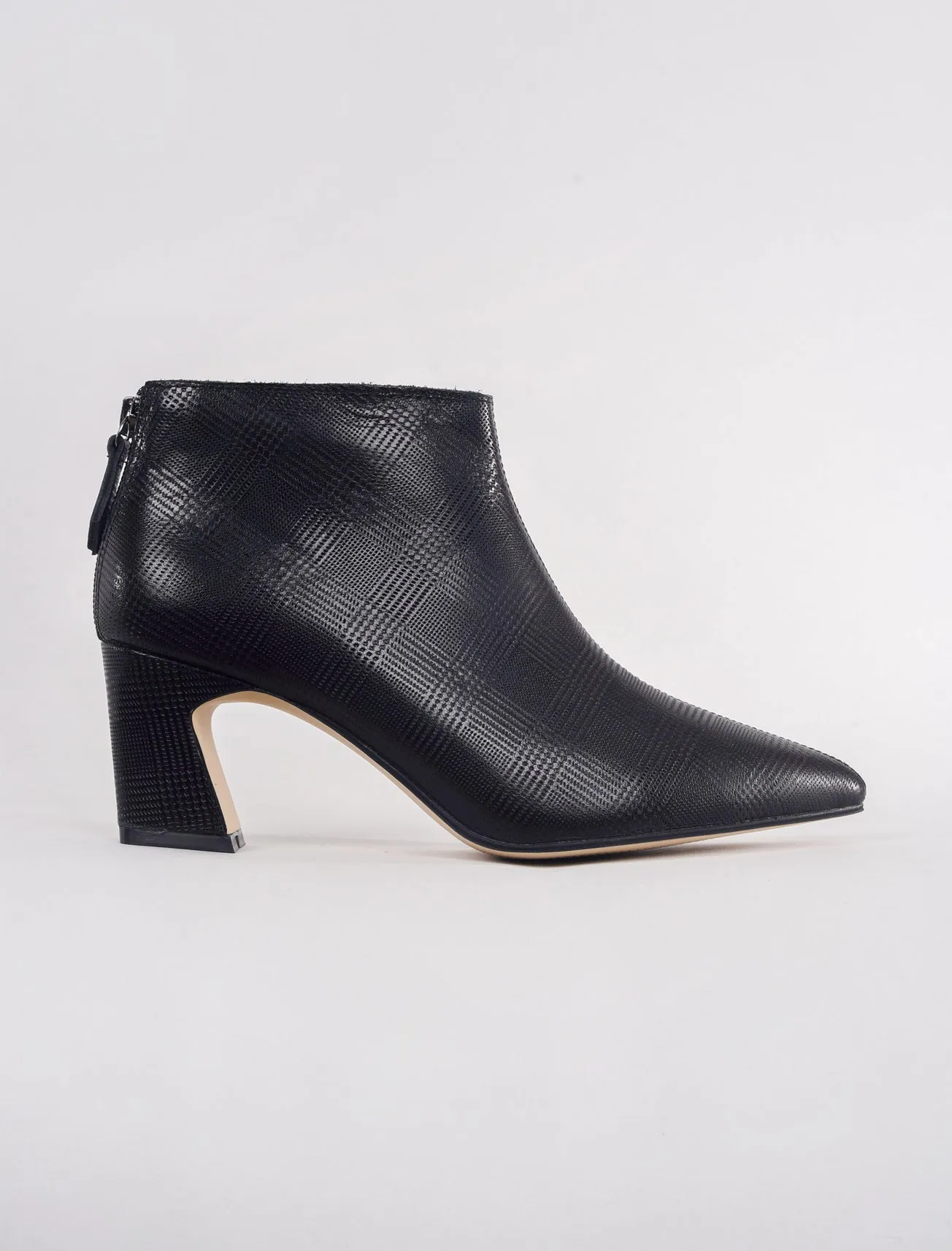 Sleek Angle Heel Bootie, Black Plaid