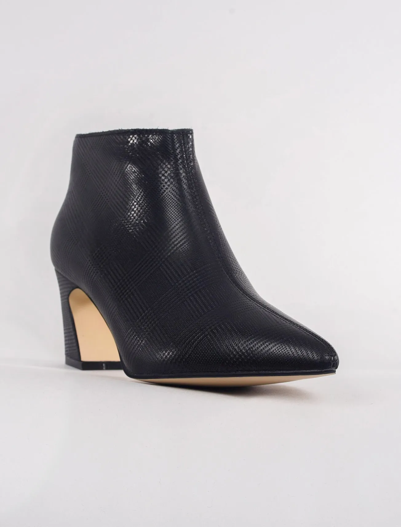 Sleek Angle Heel Bootie, Black Plaid