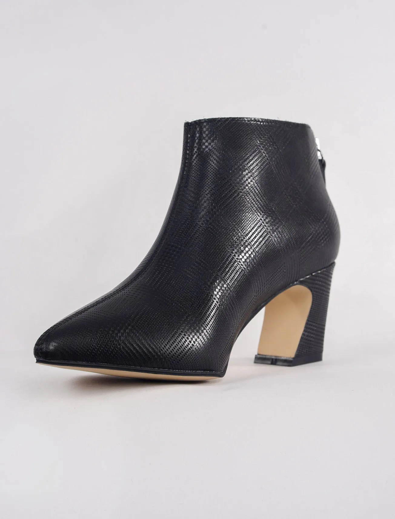 Sleek Angle Heel Bootie, Black Plaid