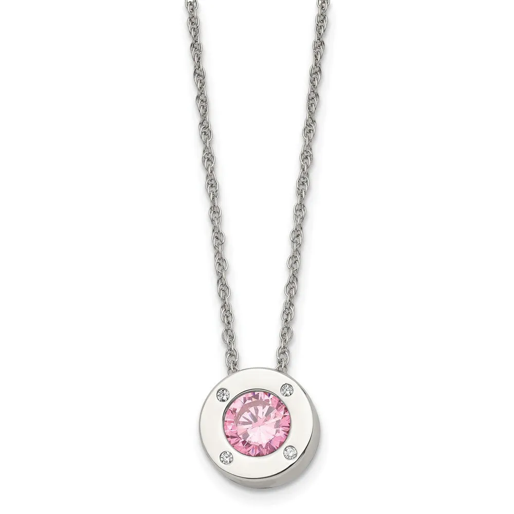 Stainless Steel Small Polished CZ Birthstone Necklace, 20 Inch