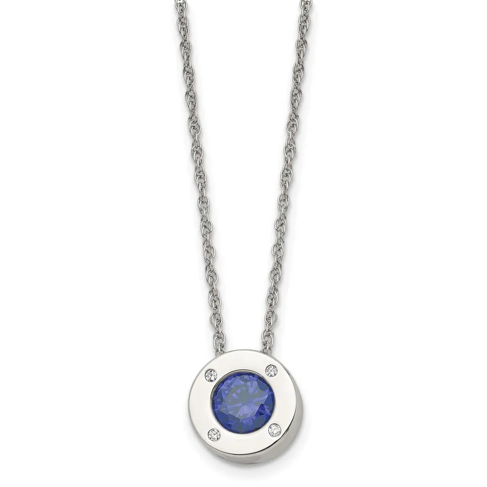 Stainless Steel Small Polished CZ Birthstone Necklace, 20 Inch