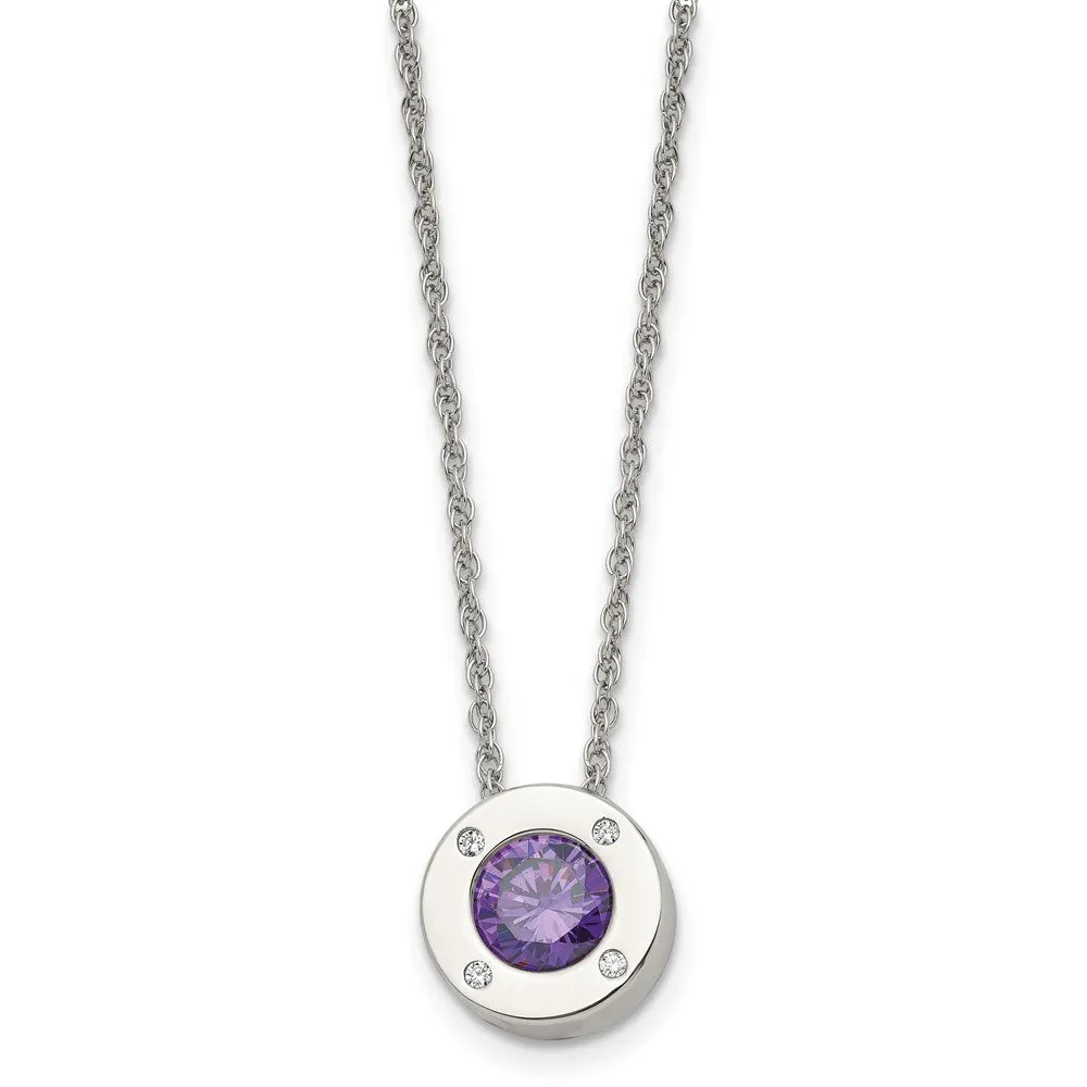 Stainless Steel Small Polished CZ Birthstone Necklace, 20 Inch