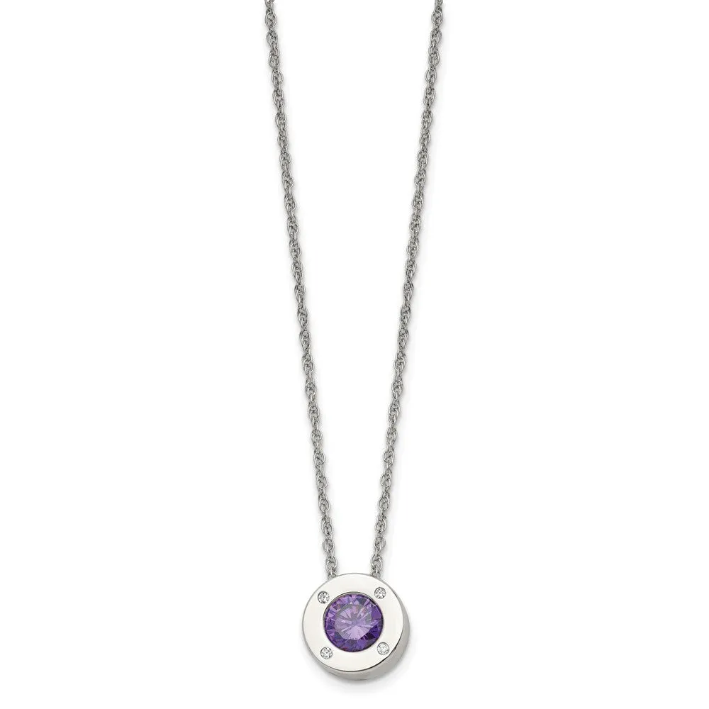 Stainless Steel Small Polished CZ Birthstone Necklace, 20 Inch