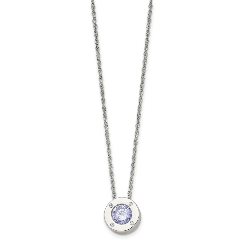 Stainless Steel Small Polished CZ Birthstone Necklace, 20 Inch