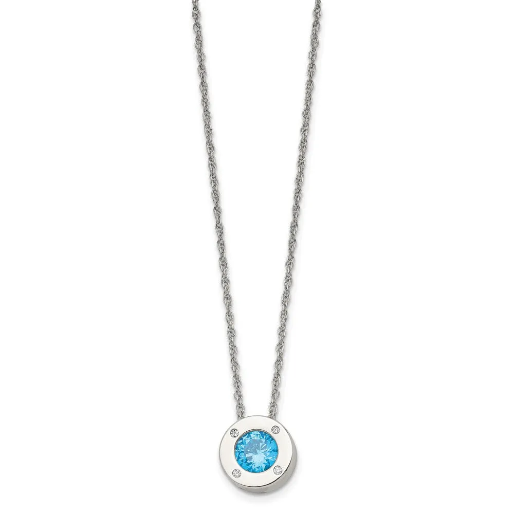 Stainless Steel Small Polished CZ Birthstone Necklace, 20 Inch