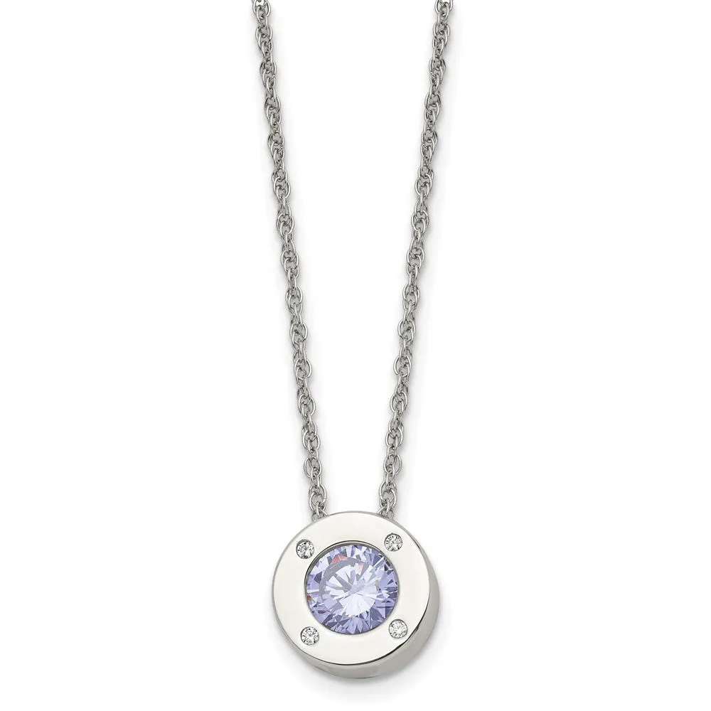 Stainless Steel Small Polished CZ Birthstone Necklace, 20 Inch