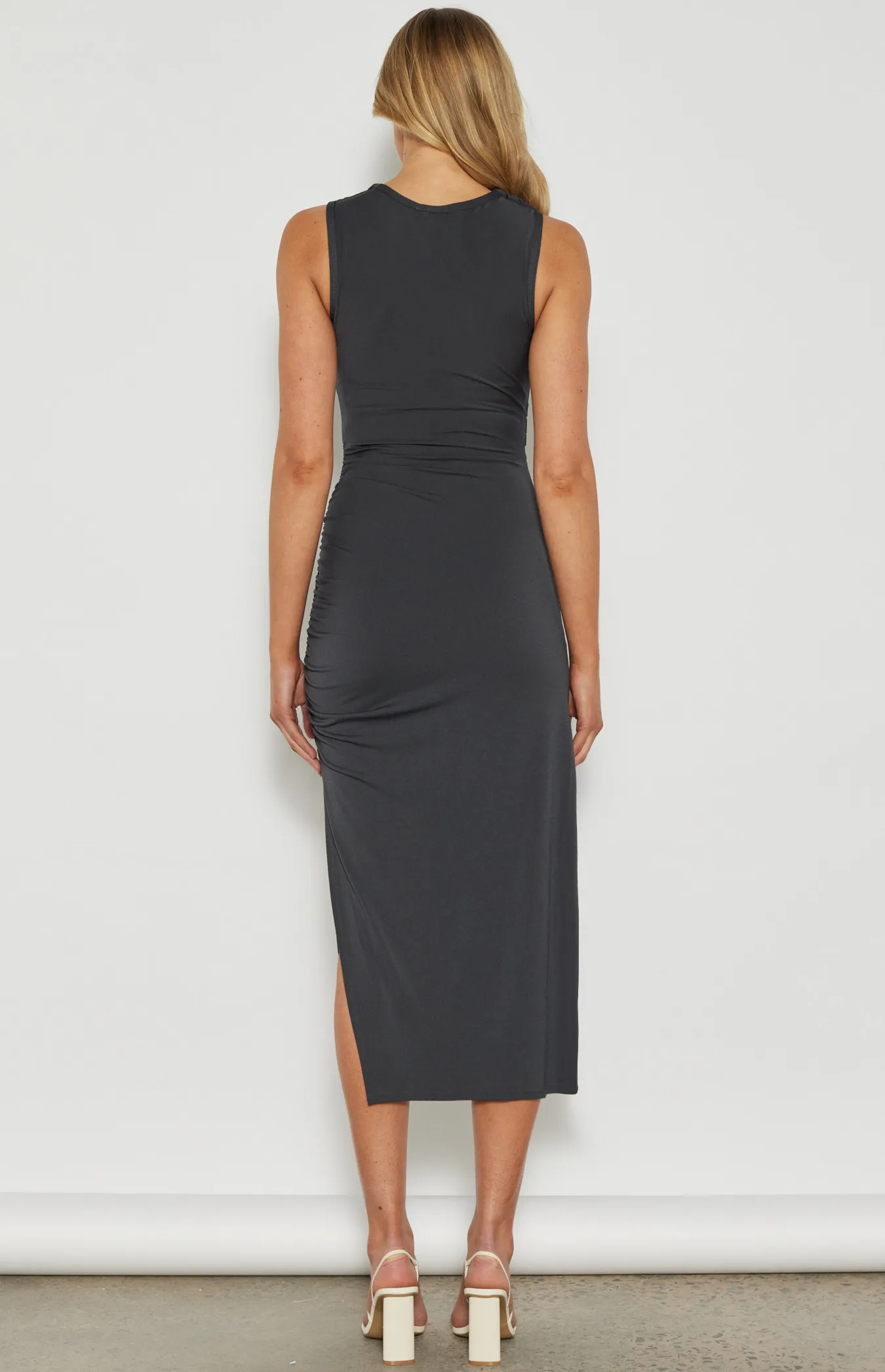 Stretch Jersey Cowl Neck Ruche Detail Midi Dress (WDR678B)