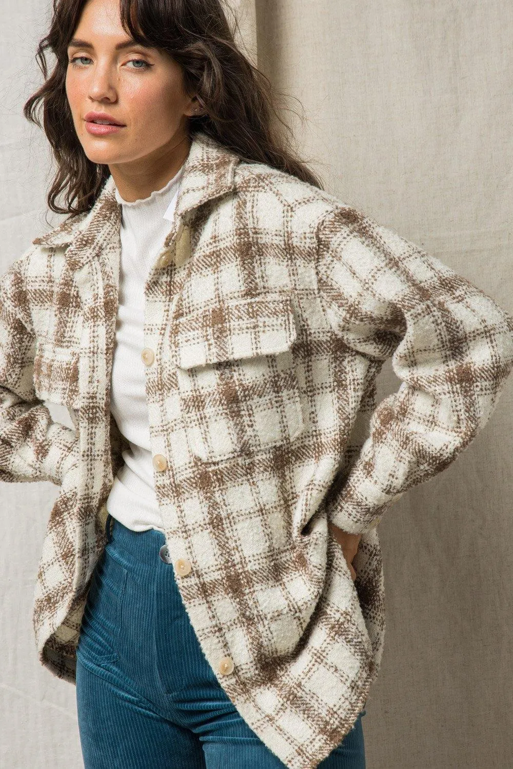 Textured Plaid Shacket - Cream