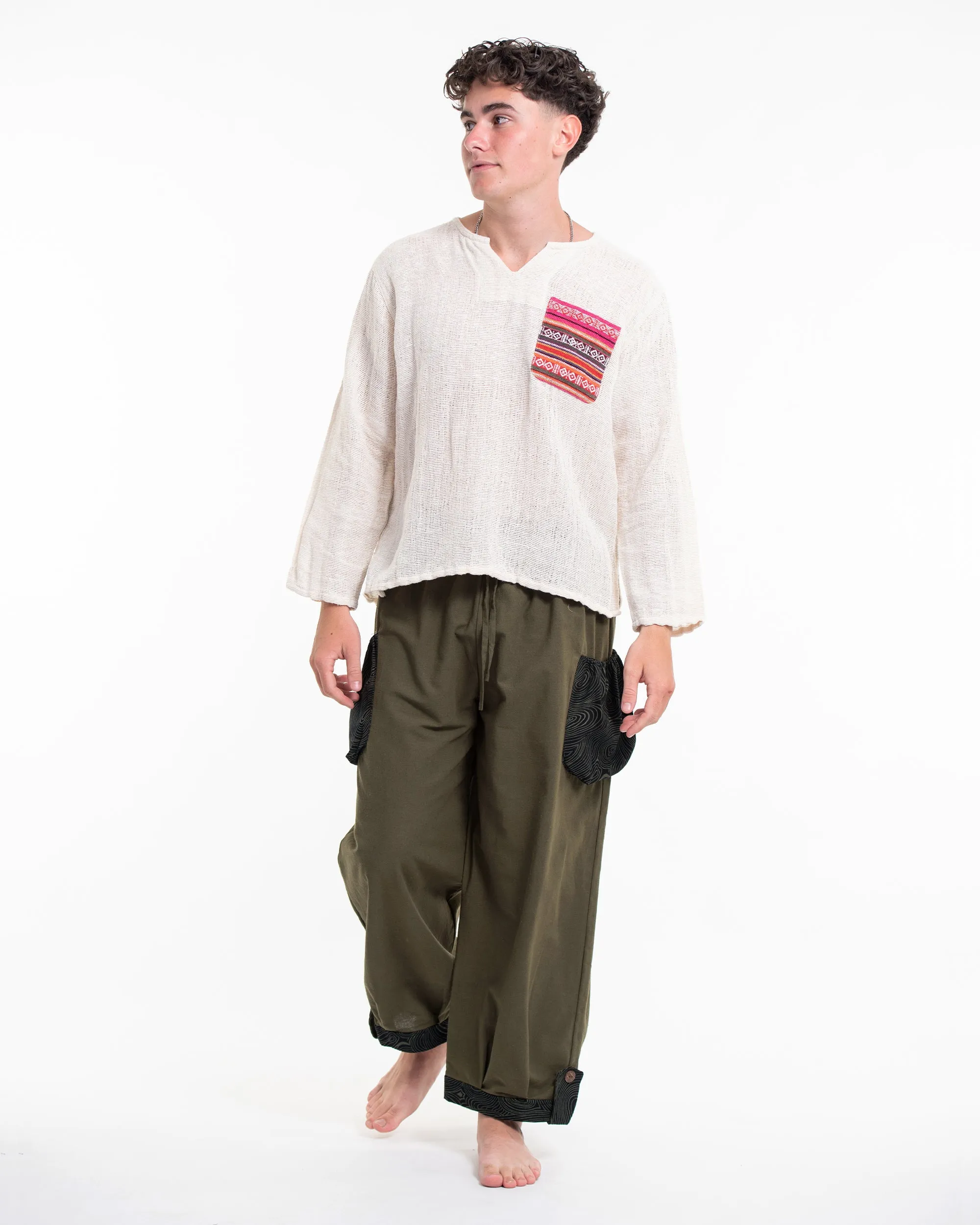 Thai Cotton Men Drawstring Pants With Hill Tribe Trim Olive