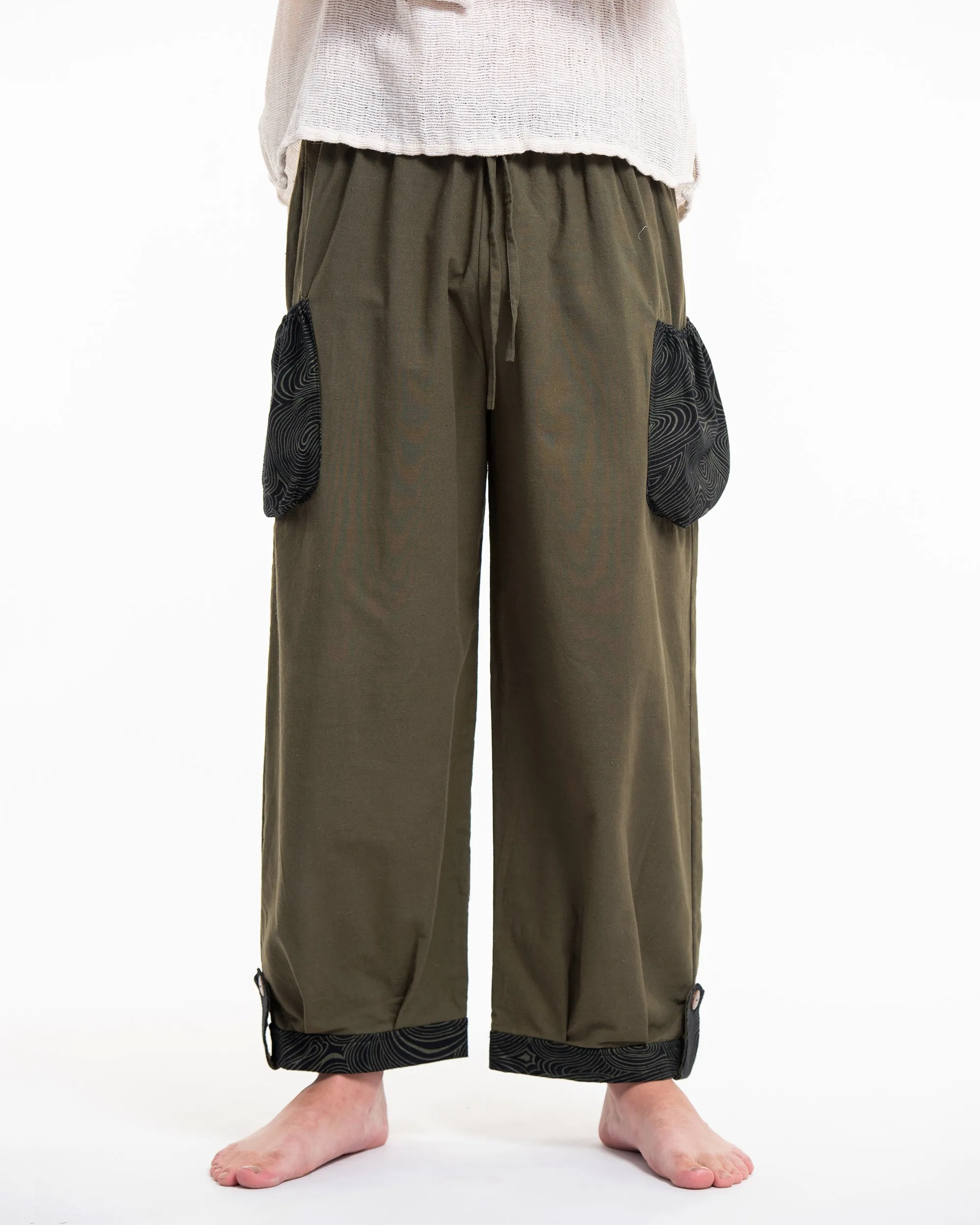 Thai Cotton Men Drawstring Pants With Hill Tribe Trim Olive