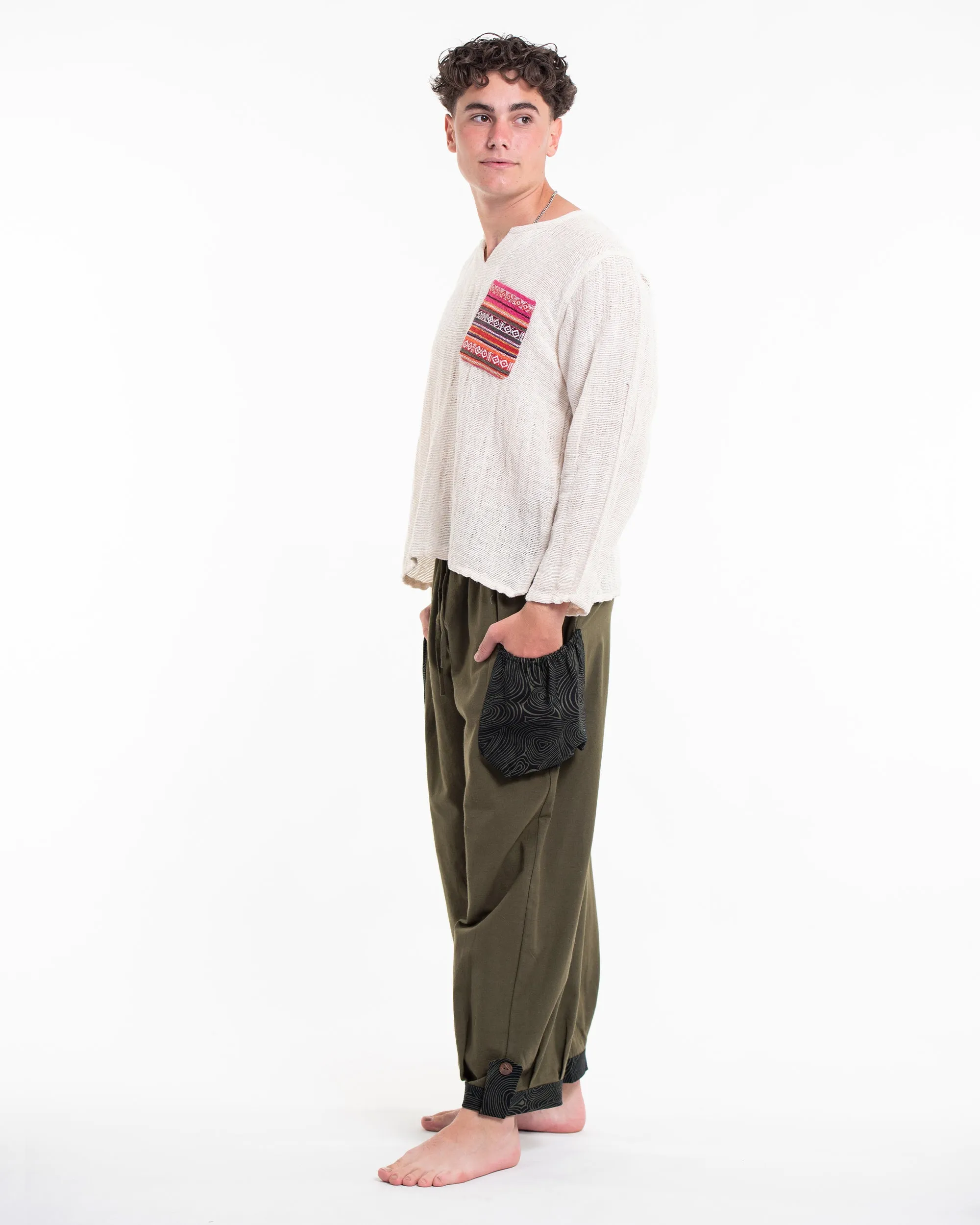 Thai Cotton Men Drawstring Pants With Hill Tribe Trim Olive