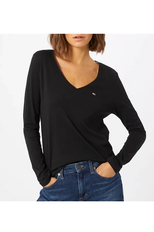 Tommy Hilfiger Women V-Neck L/S Organic Logo Tee Black