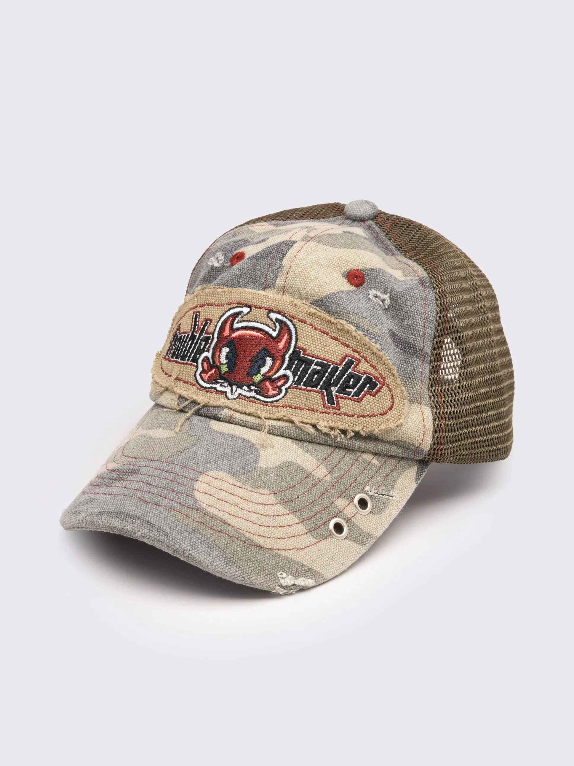 Troublemaker Camo Distressed Trucker Hat