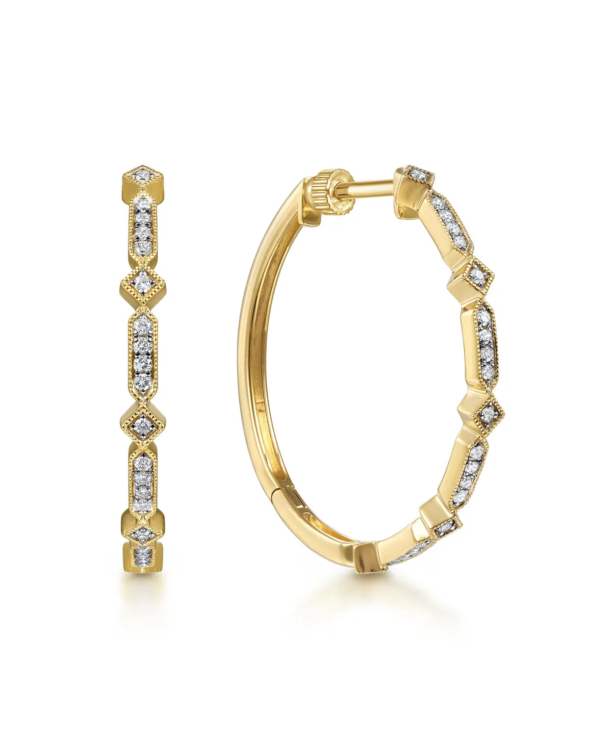 Vintage Inspired 14K Yellow Gold 30mm Classic Diamond Hoop Earrings