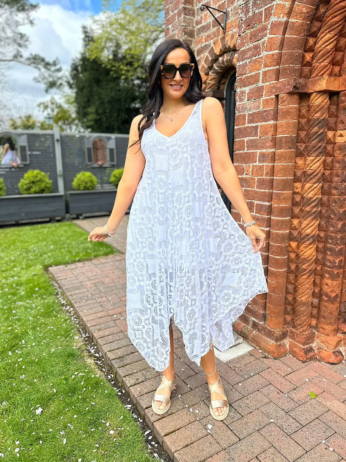 White Lace V Neck Dress Tuscany