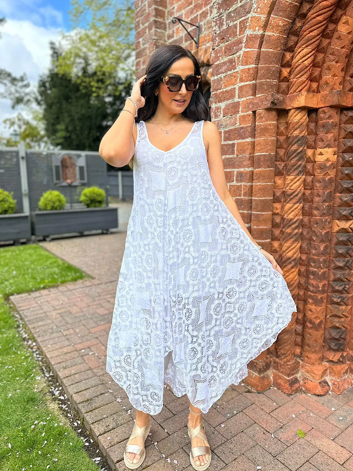 White Lace V Neck Dress Tuscany