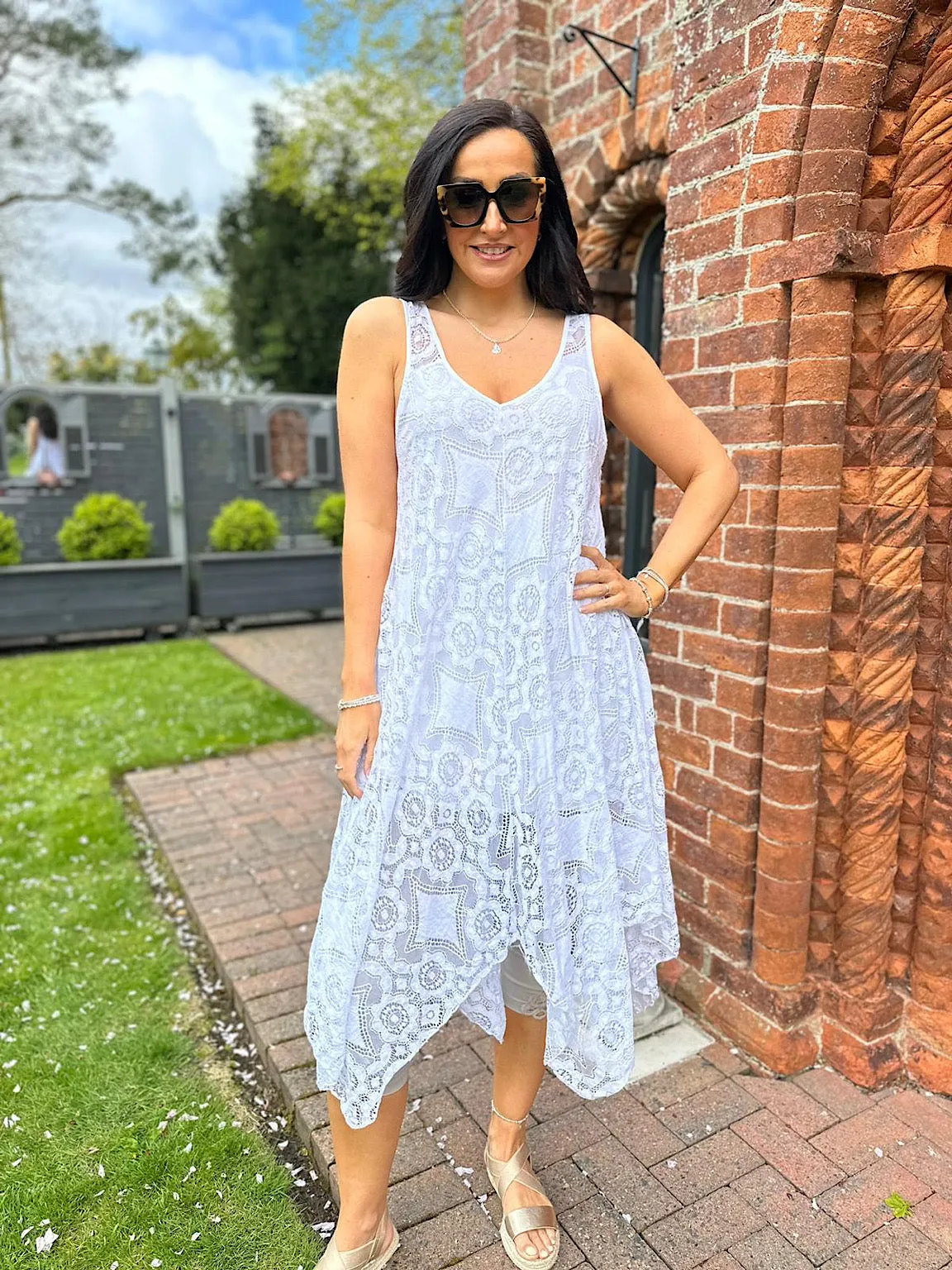 White Lace V Neck Dress Tuscany