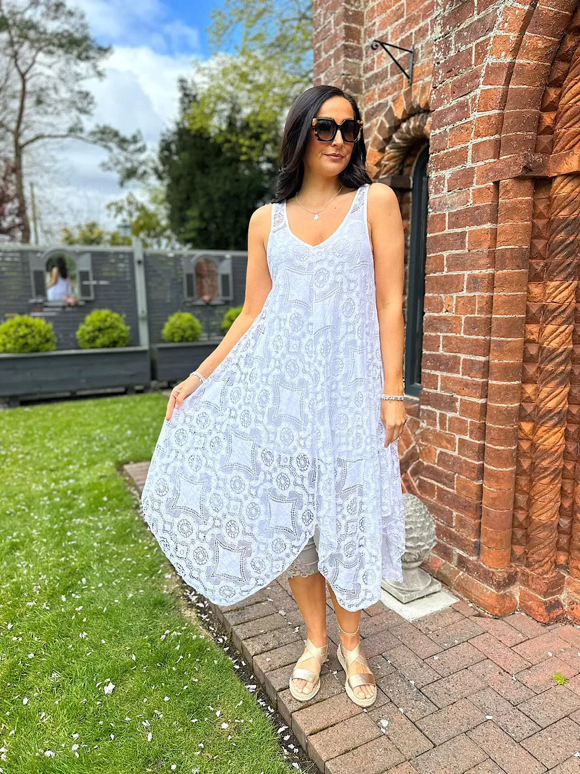 White Lace V Neck Dress Tuscany