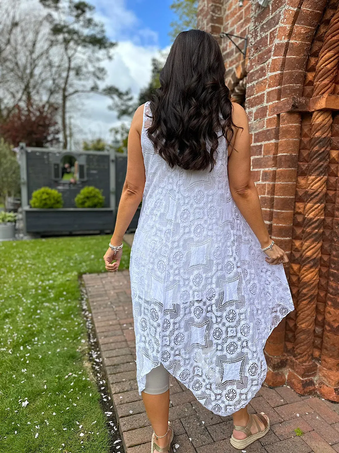 White Lace V Neck Dress Tuscany