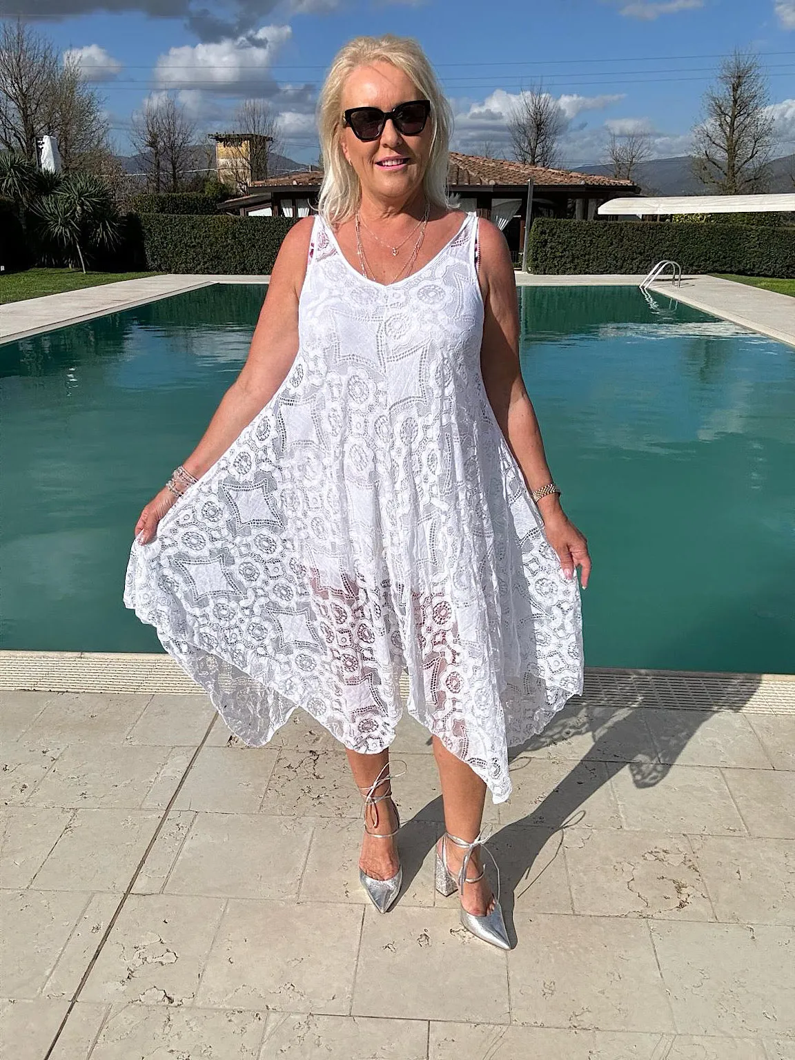 White Lace V Neck Dress Tuscany