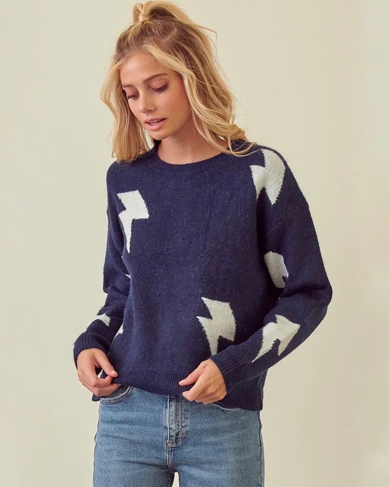 Zap! Zap! Lightning Bolt Patterned Knit Sweater with Drop Shoulders in More Colors