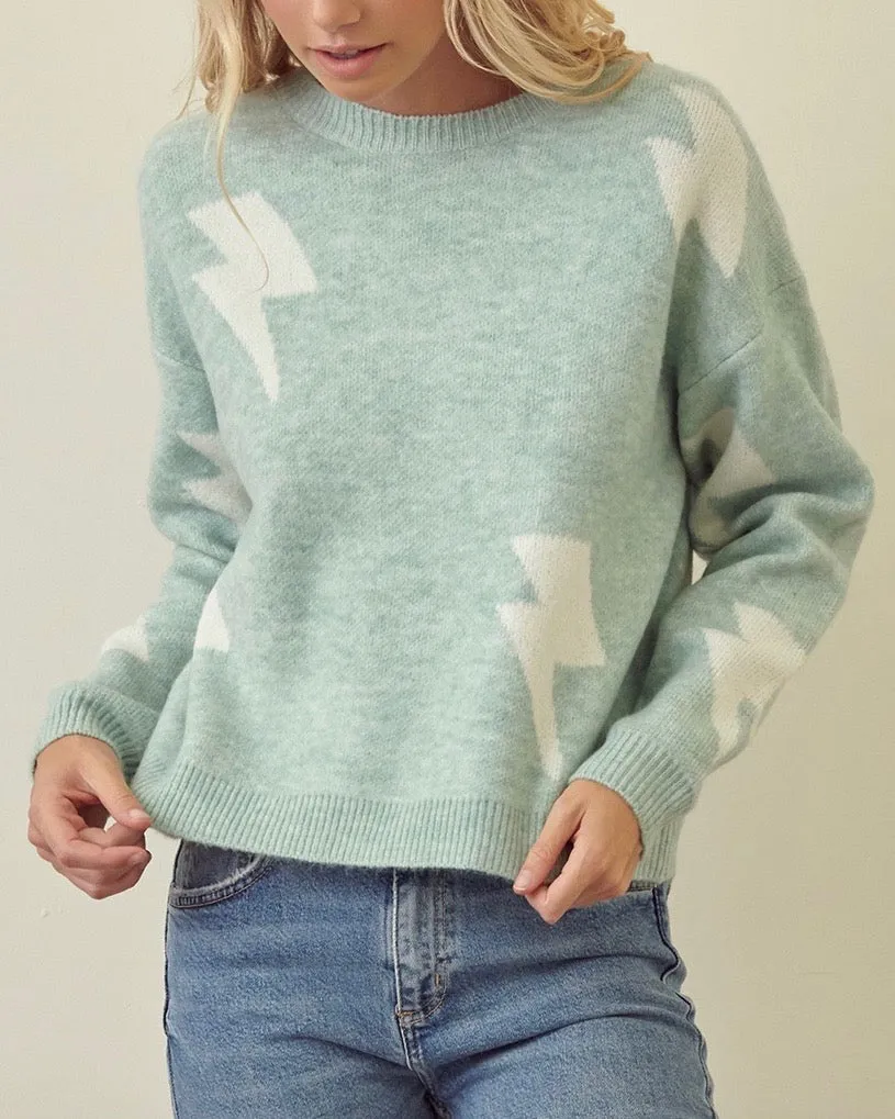 Zap! Zap! Lightning Bolt Patterned Knit Sweater with Drop Shoulders in More Colors